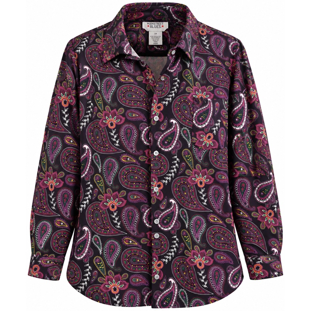 Mainstreet Blues Womens 2X Paisley Button Down Shirt Purple Long Sleeve Stretch
